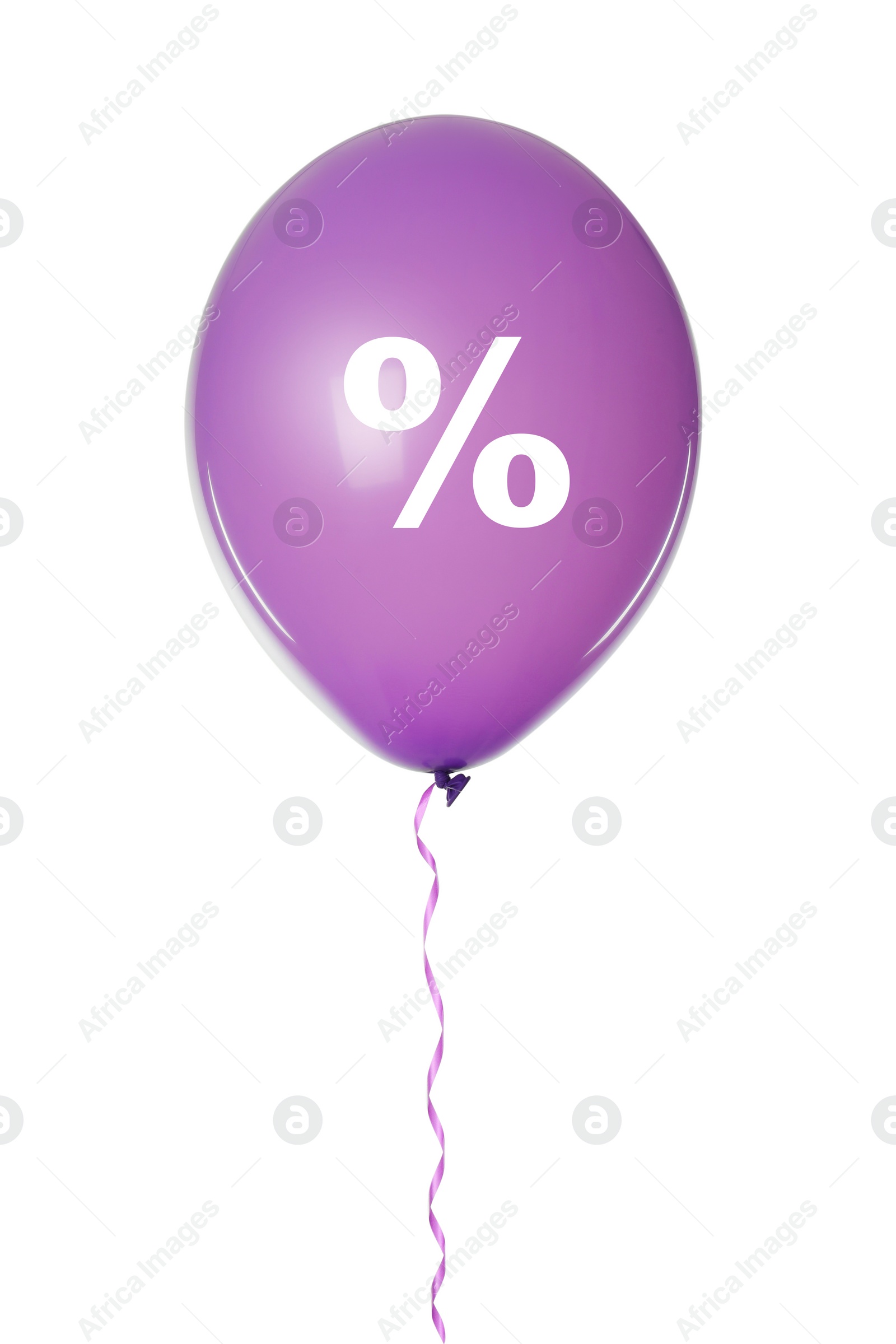 Image of Discount offer. Violet balloon with percent sign on white background