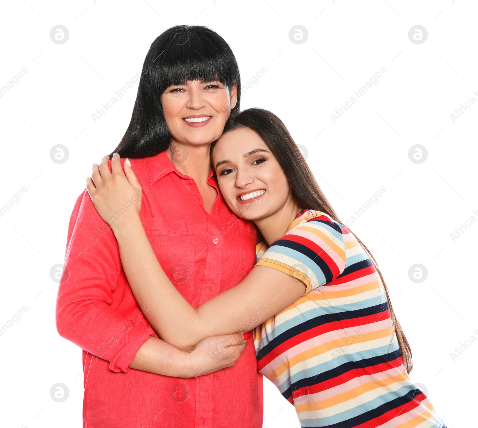 Photo of Portrait of young woman and her mature mother on white background