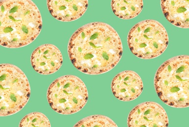 Image of Cheese pizza pattern design on pale green background 
