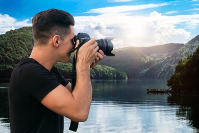 Image of Photographer taking picture of beautiful mountains and riverside with professional camera