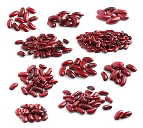 Image of Set with raw red kidney beans on white background 