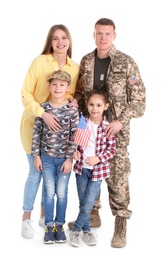 Male soldier with his family on white background. Military service