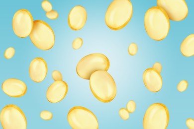 Image of Vitamin. Softgel capsules falling on light blue gradient background