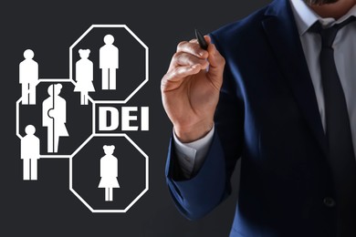 Image of Concept of DEI - Diversity, Equality, Inclusion. Virtual screen with different icons and businessman on dark background, closeup