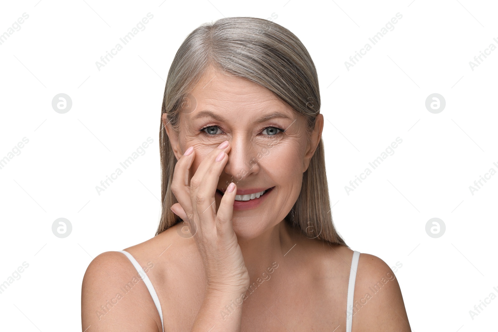 Photo of Beautiful mature woman with healthy skin on white background