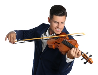 Photo of Happy man playing violin on white background