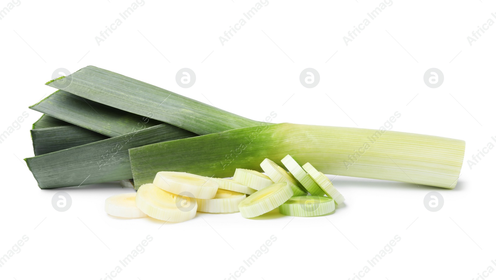 Photo of Fresh raw leek on white background. Ripe onion