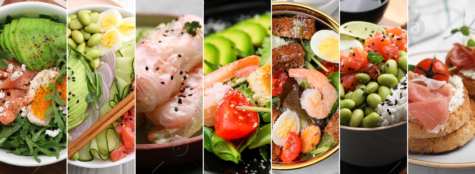 Image of Assortment of tasty dishes. Collage with different meals, closeup