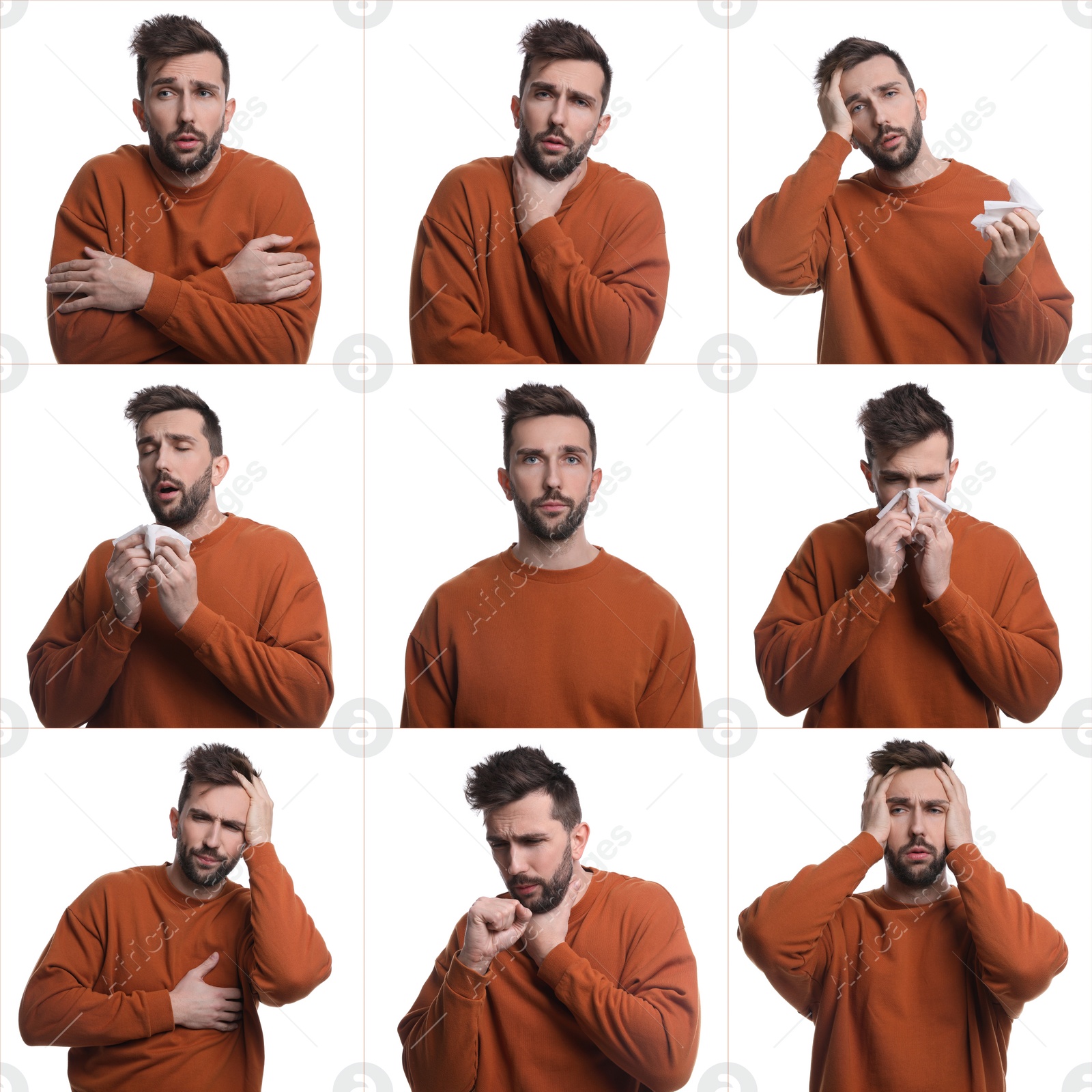 Image of Collage with photos of man with cold symptoms on white background