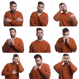 Image of Collage with photos of man with cold symptoms on white background