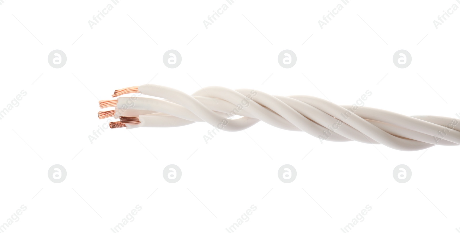 Photo of Many twisted electrical wires on white background
