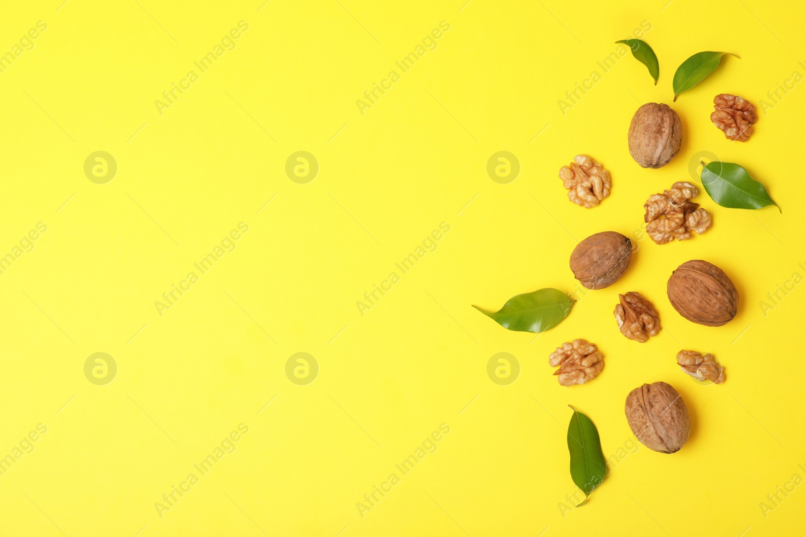 Photo of Flat lay composition with walnuts and space for text on color background