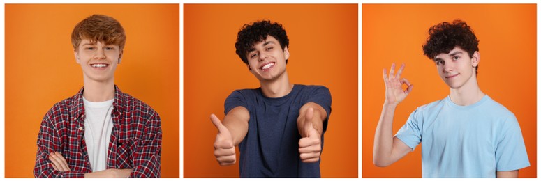 Image of Portraits of teenagers on orange background, collage design