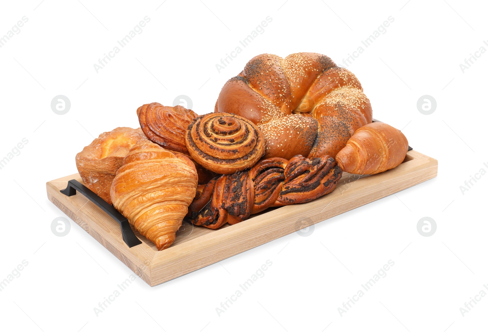 Photo of Wooden tray with different pastries isolated on white