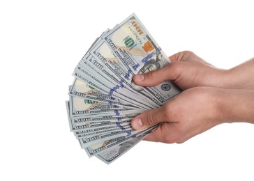 Photo of Money exchange. Man holding dollar banknotes on white background, closeup