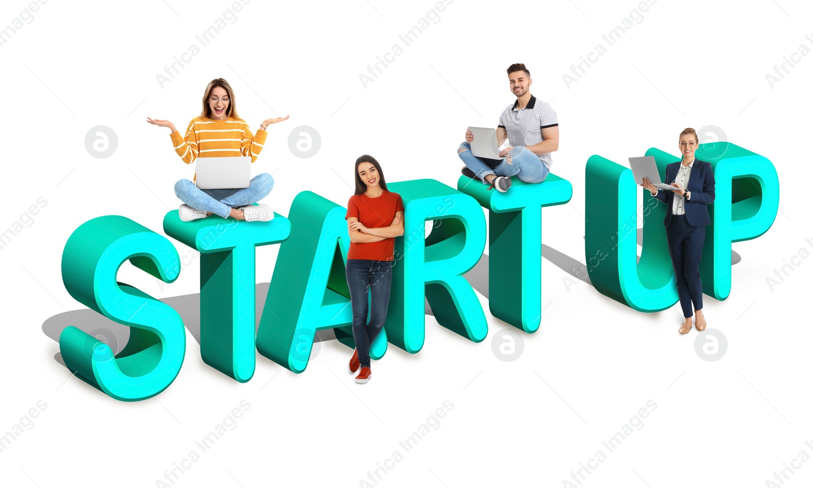 Image of Group of young people and phrase START UP on white background 