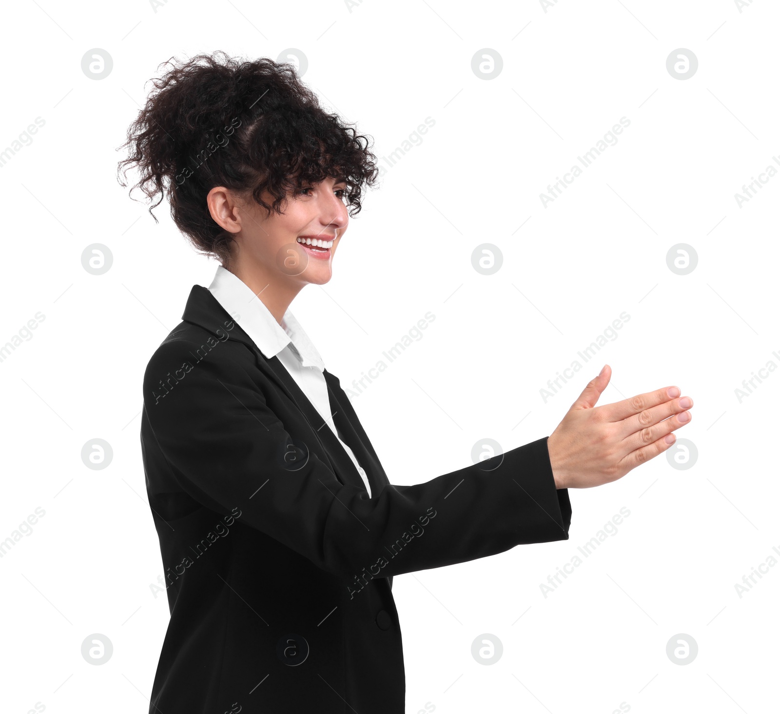 Photo of Beautiful young businesswoman in suit on white background