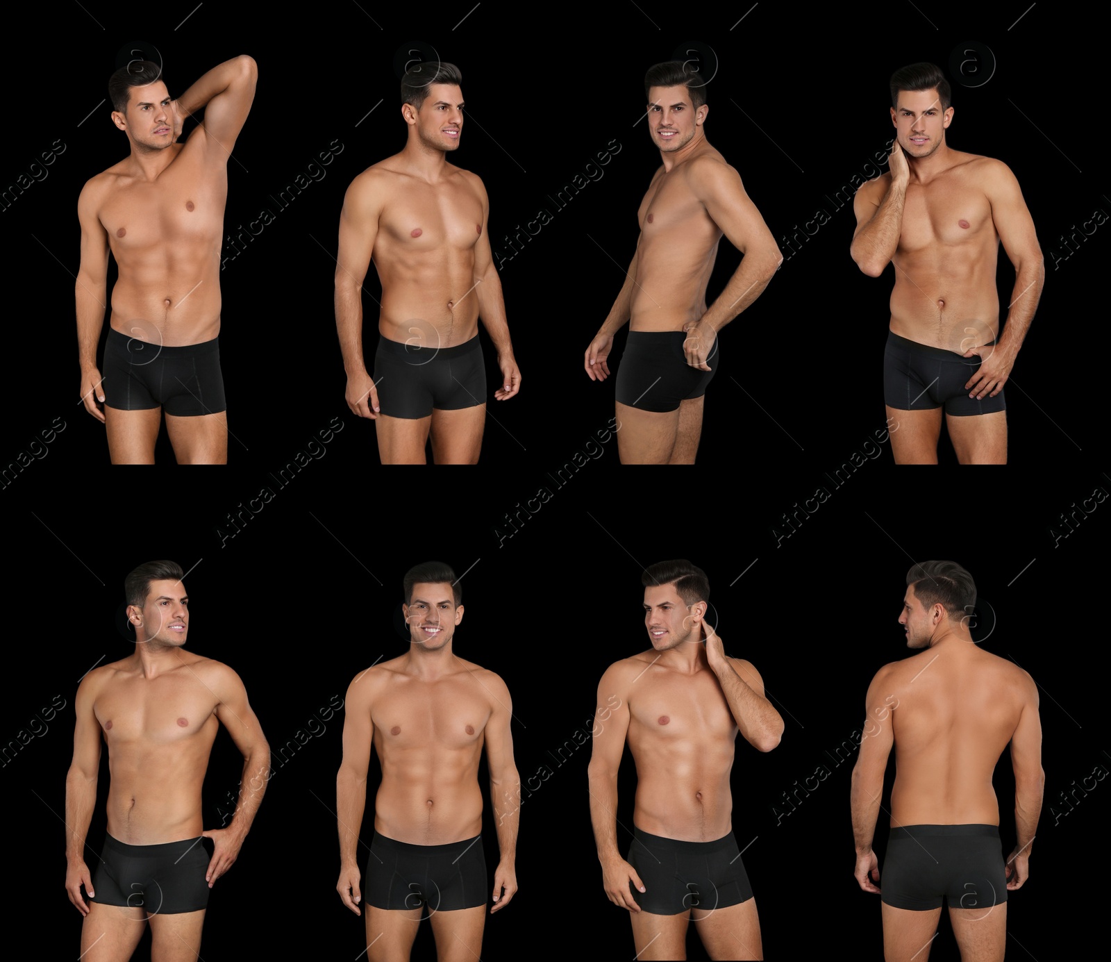 Image of Collage of man in underwear on black background