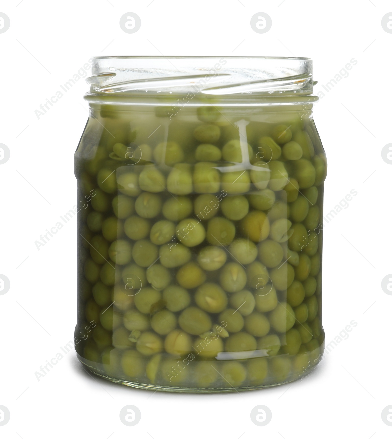 Photo of Glass jar with pickled green peas isolated on white