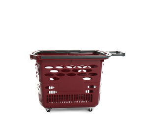 Photo of Red empty shopping basket isolated on white
