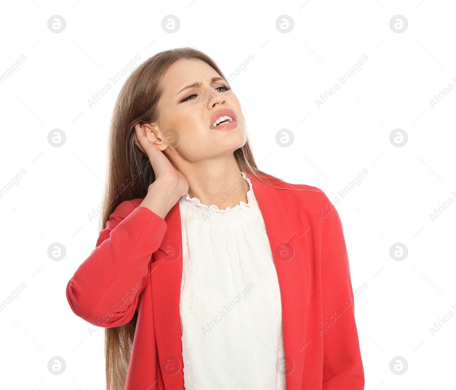 Photo of Young woman scratching head on white background. Annoying itch