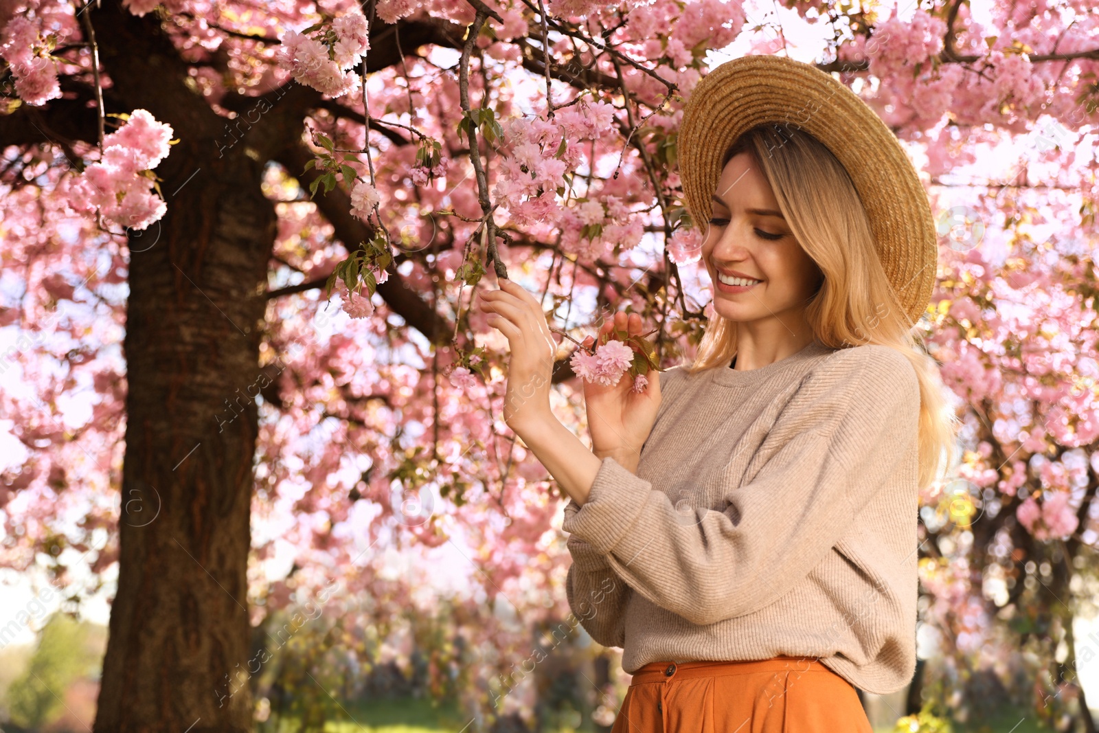 Photo of Young woman wearing stylish outfit near blossoming sakura in park. Fashionable spring look