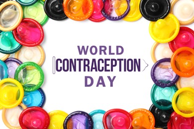 Image of World contraception day. Frame of many colorful condoms on white background, top view