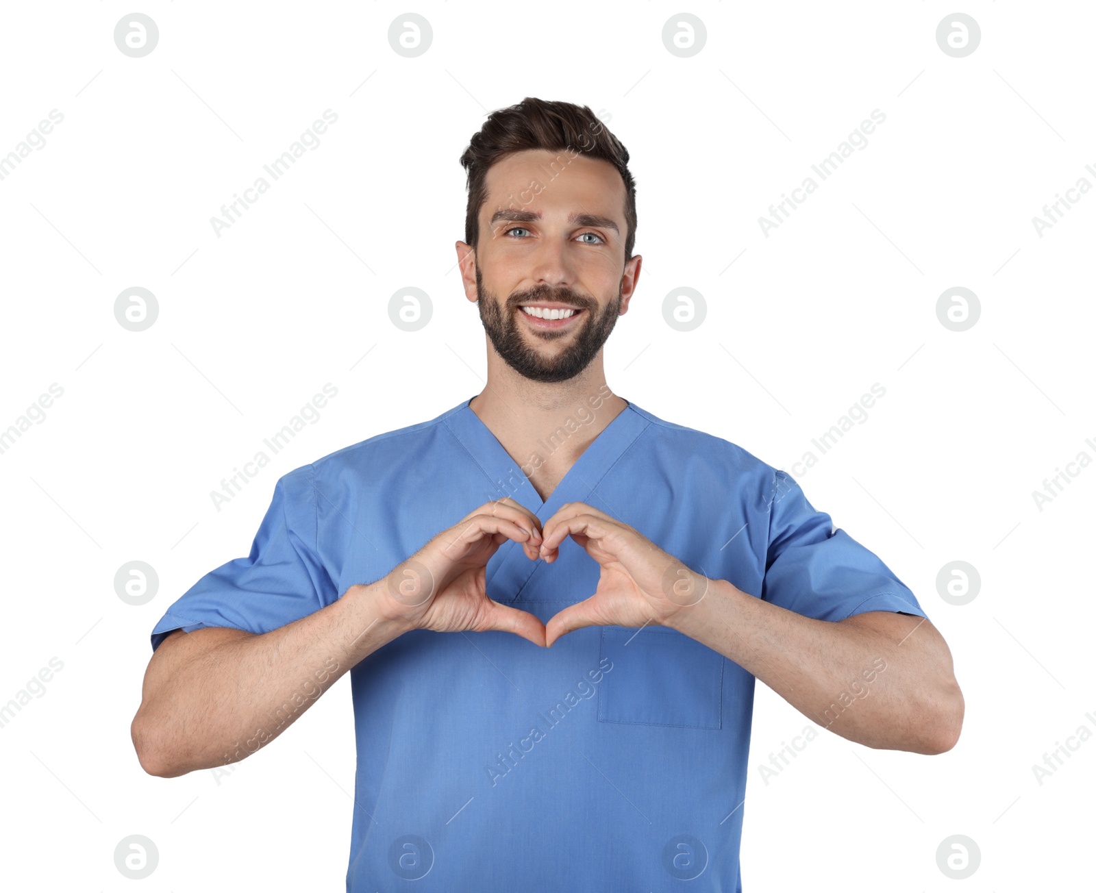 Photo of Doctor making heart with hands on white background