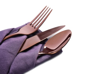 Photo of Elegant shiny cutlery on white background, closeup