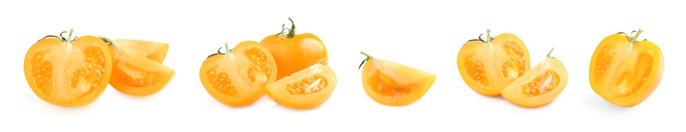 Image of Set with fresh ripe yellow tomatoes on white background. Banner design 