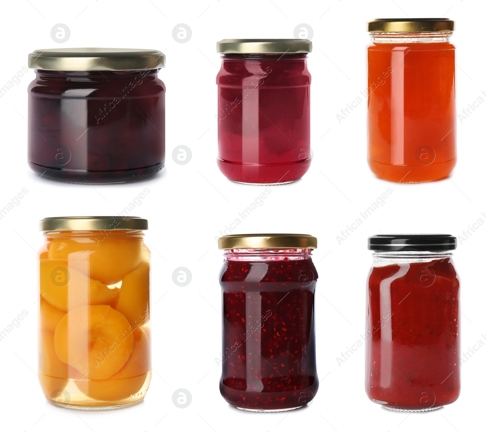 Image of Set of jars with jams, sauce and pickled peaches on white background