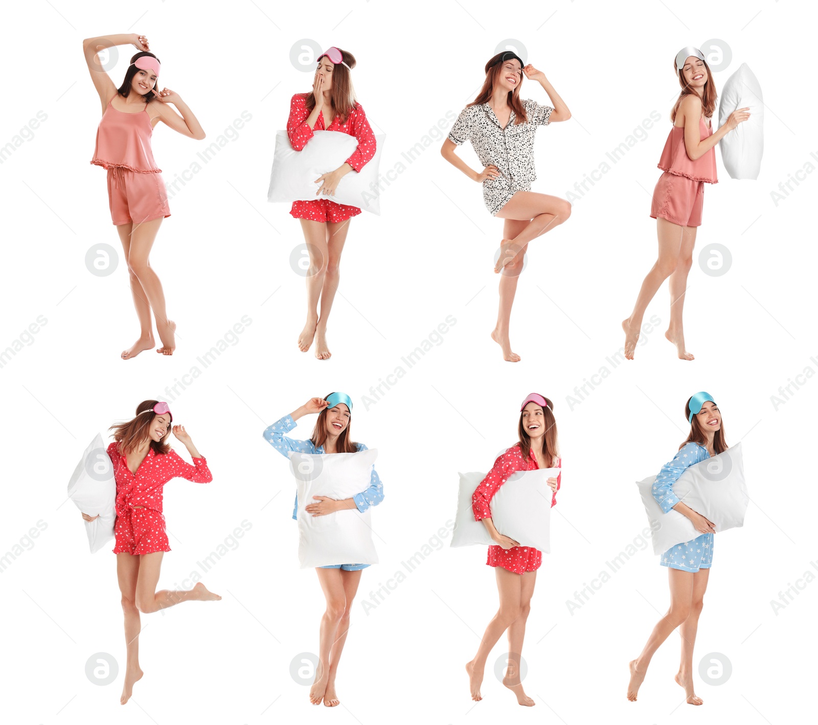 Image of Collage of women with sleep masks on white background. Bedtime