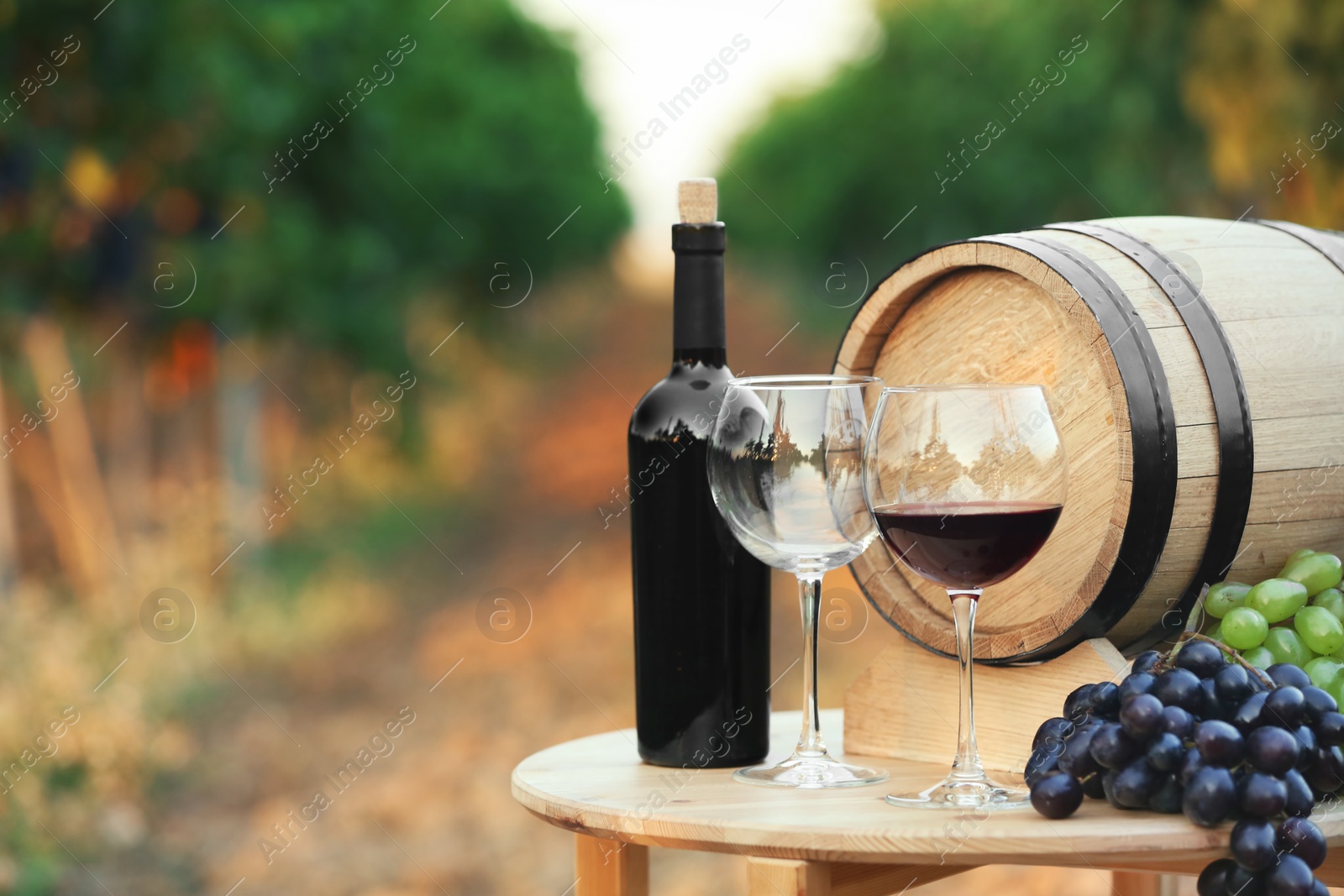 Photo of Bottle of wine, barrel and glasses on wooden table in vineyard