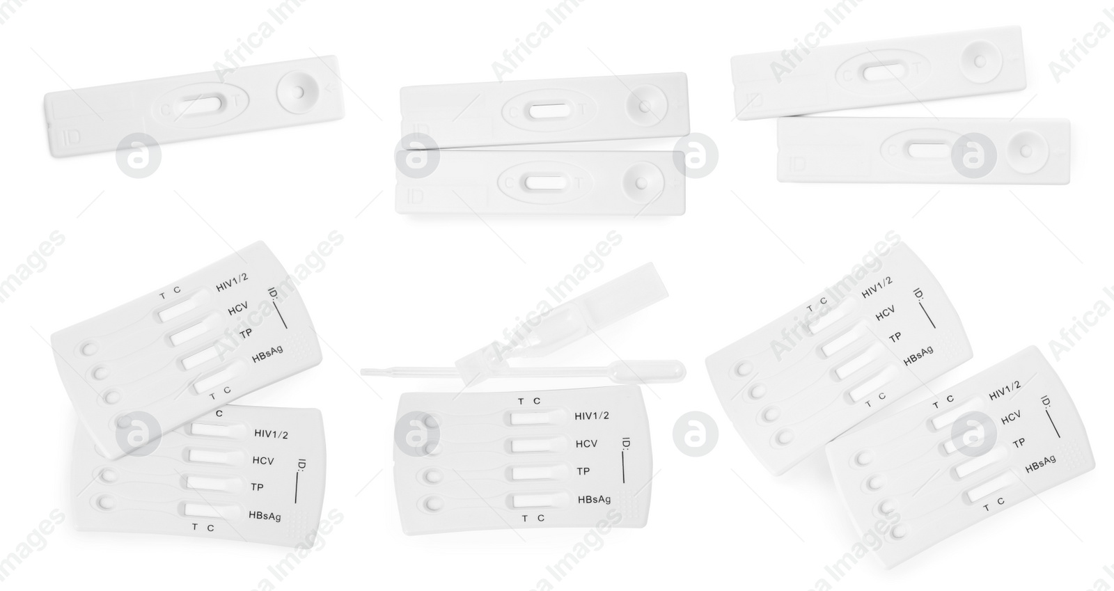 Image of Set with disposable express test for hepatitis on white background, top view