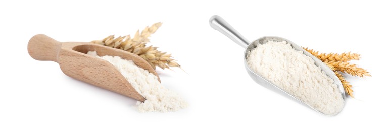 Image of Scoops with wheat flour on white background, collage. Banner design