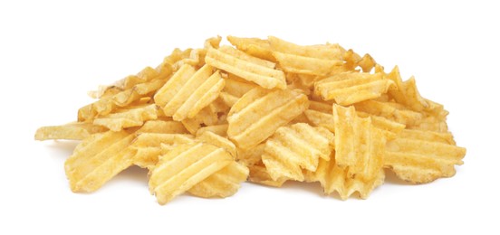 Photo of Heap of delicious ridged potato chips on white background