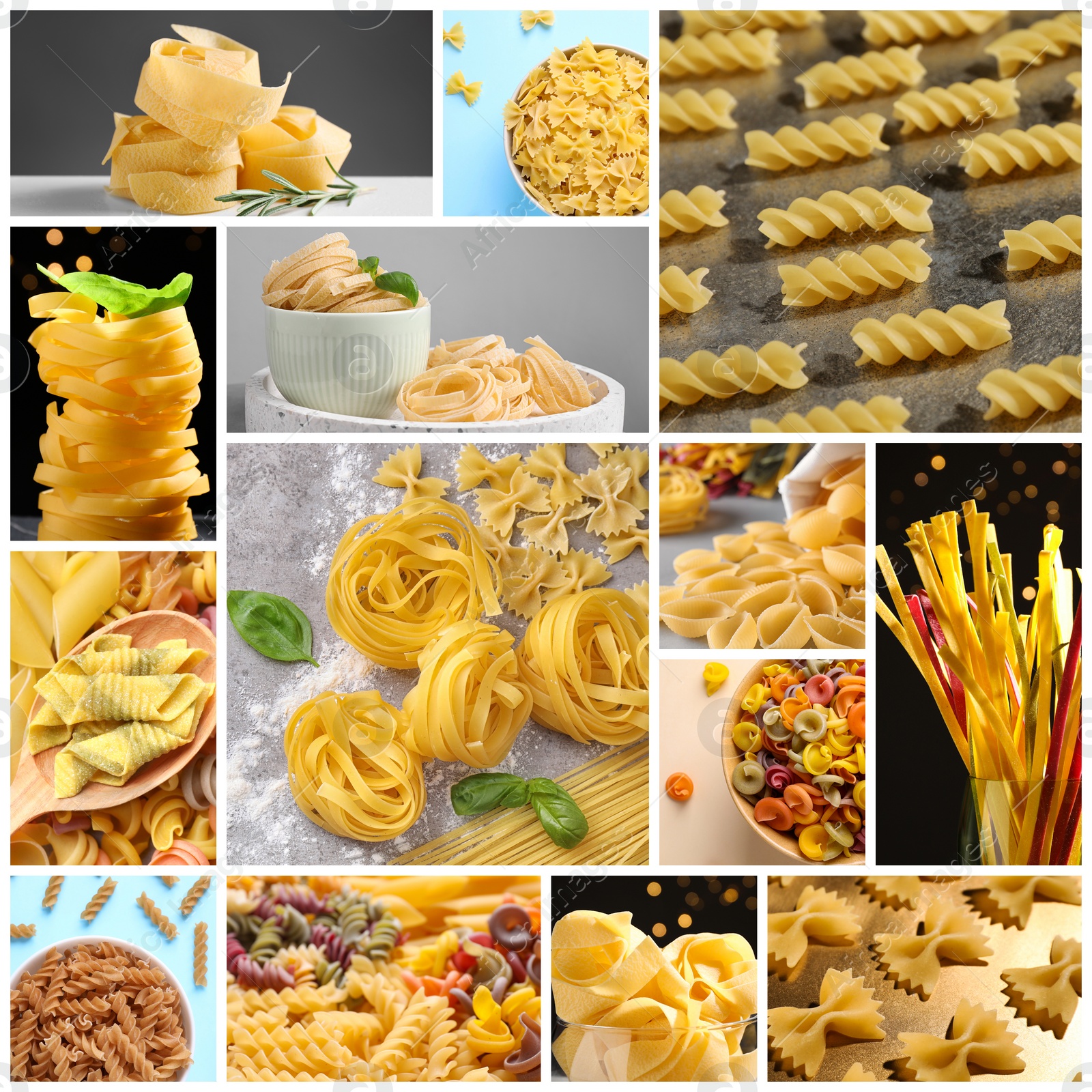 Image of Different types of uncooked pasta. Photo collage