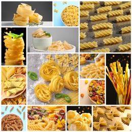 Different types of uncooked pasta. Photo collage