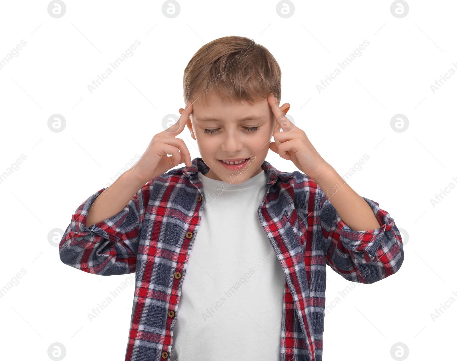 Photo of Little boy suffering from headache on white background