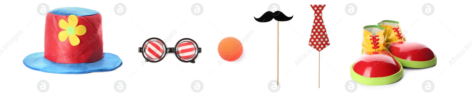 Image of Set with different clown's accessories on white background. Banner design