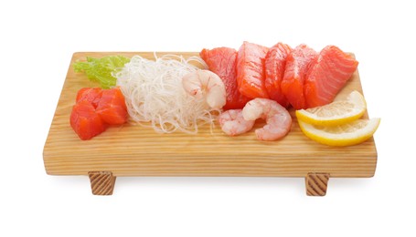 Photo of Delicious sashimi set of salmon and shrimps served with funchosa, lemon and lettuce isolated on white