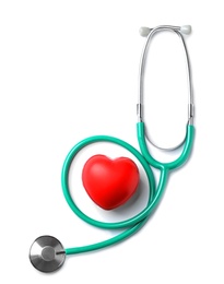 Stethoscope for checking pulse and red heart on white background, top view. Space for text