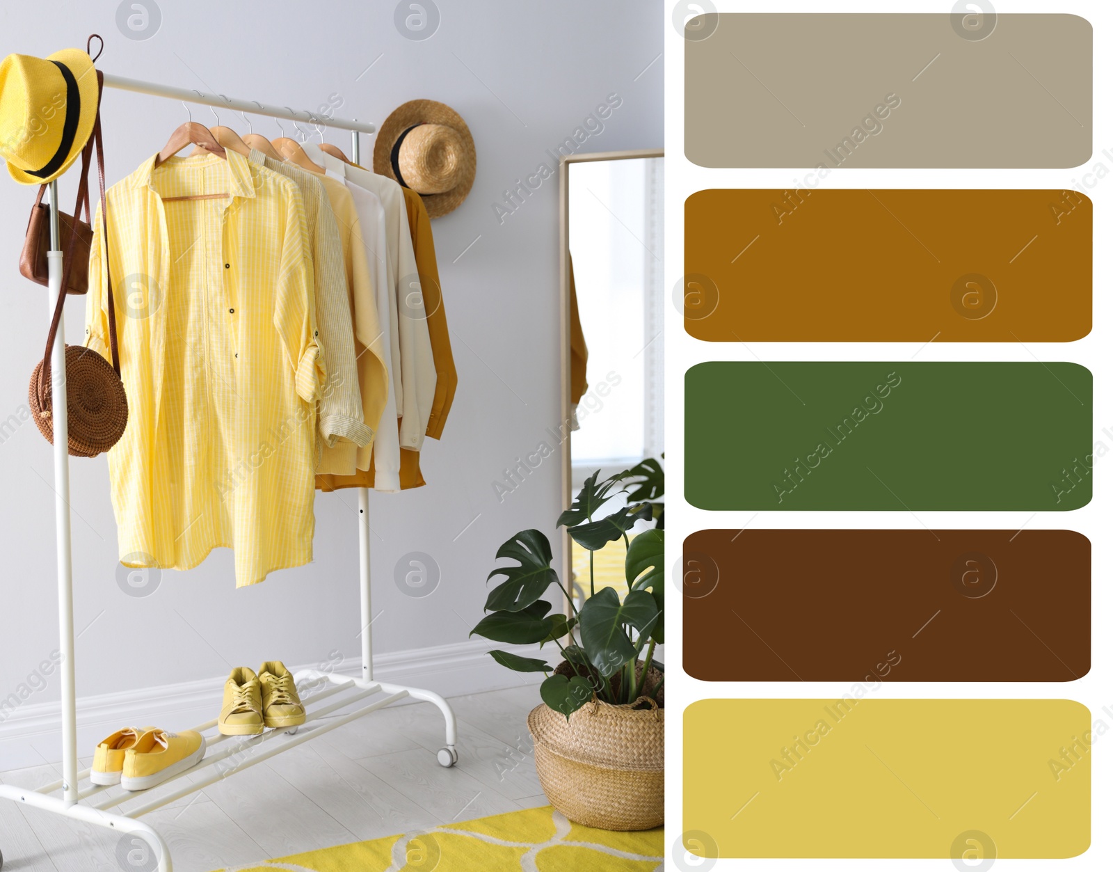 Image of Color palette appropriate to photo of stylish women's clothes on rack in room