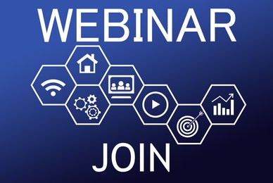 Illustration of Online webinar. Web page interface with word Join and different icons on blue background
