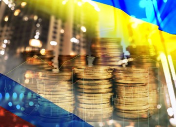 Image of Multiple exposure of Ukrainian, Russian flags, coins and cityscape