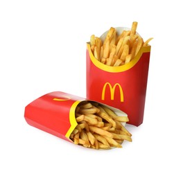 Photo of MYKOLAIV, UKRAINE - AUGUST 12, 2021: Two big portions of McDonald's French fries on white background
