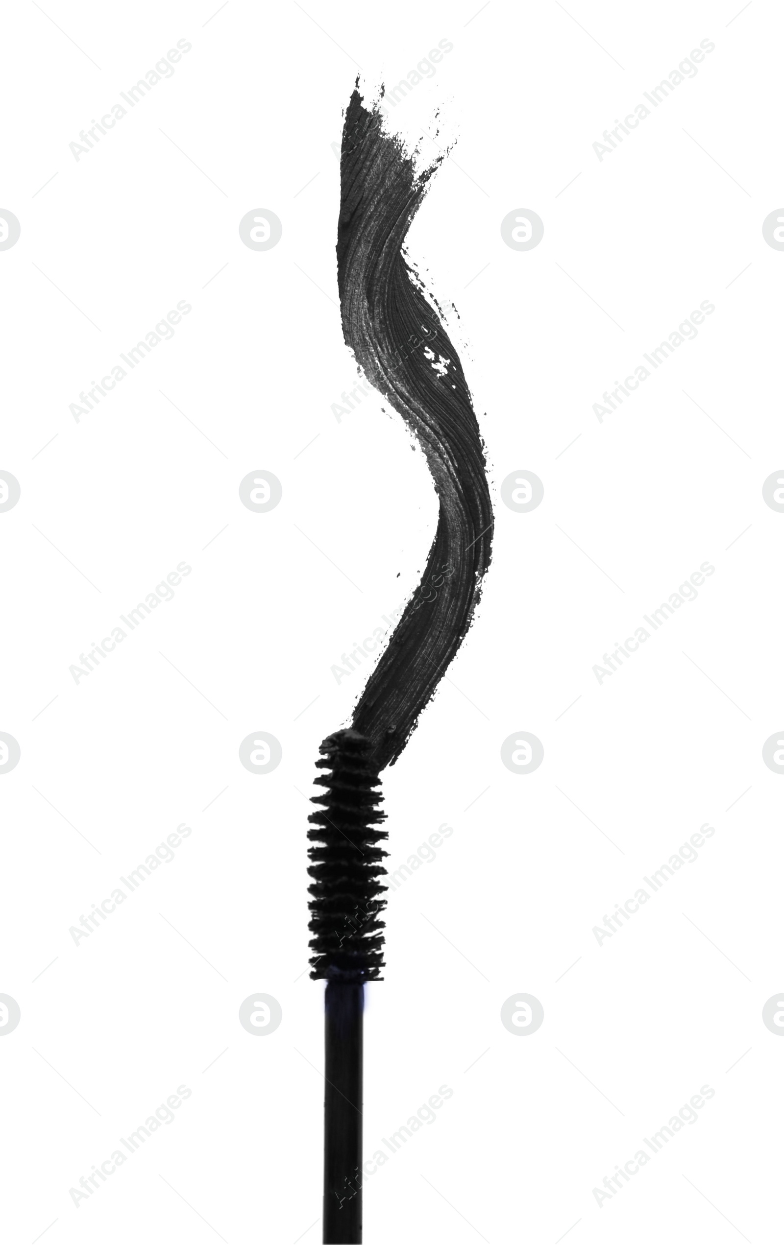 Photo of Applicator and black mascara smear on white background, top view