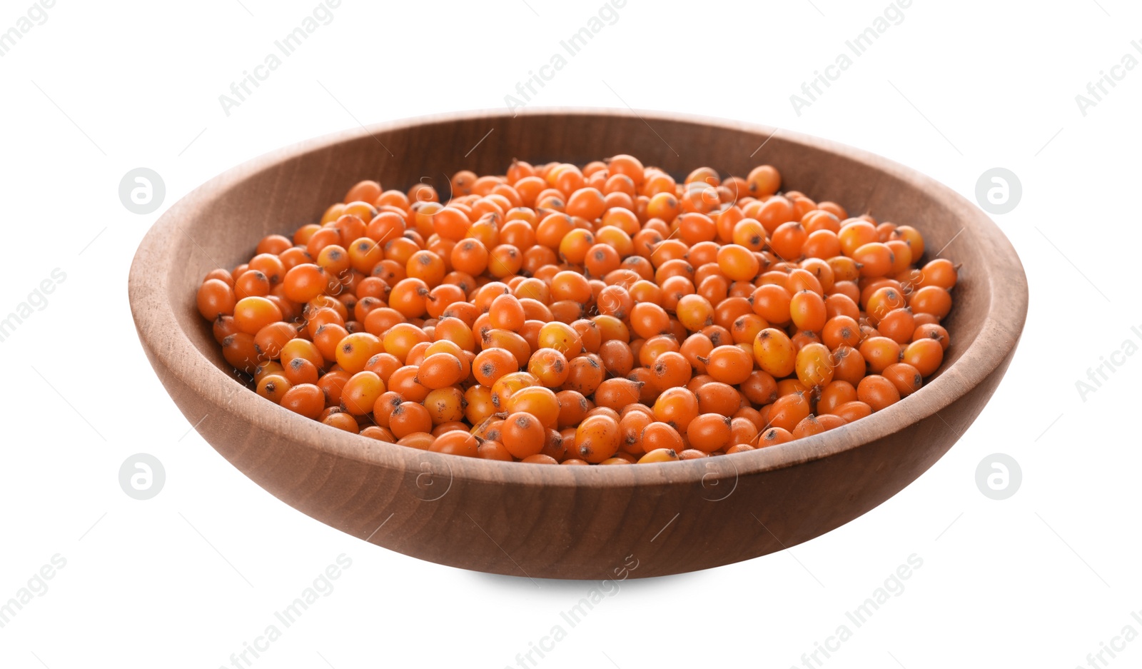 Photo of Fresh ripe sea buckthorn berries in wooden bowl isolated on white