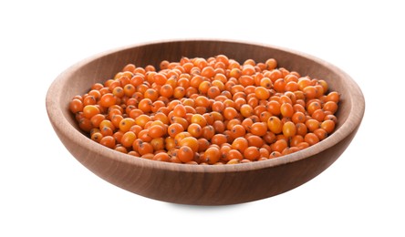 Photo of Fresh ripe sea buckthorn berries in wooden bowl isolated on white