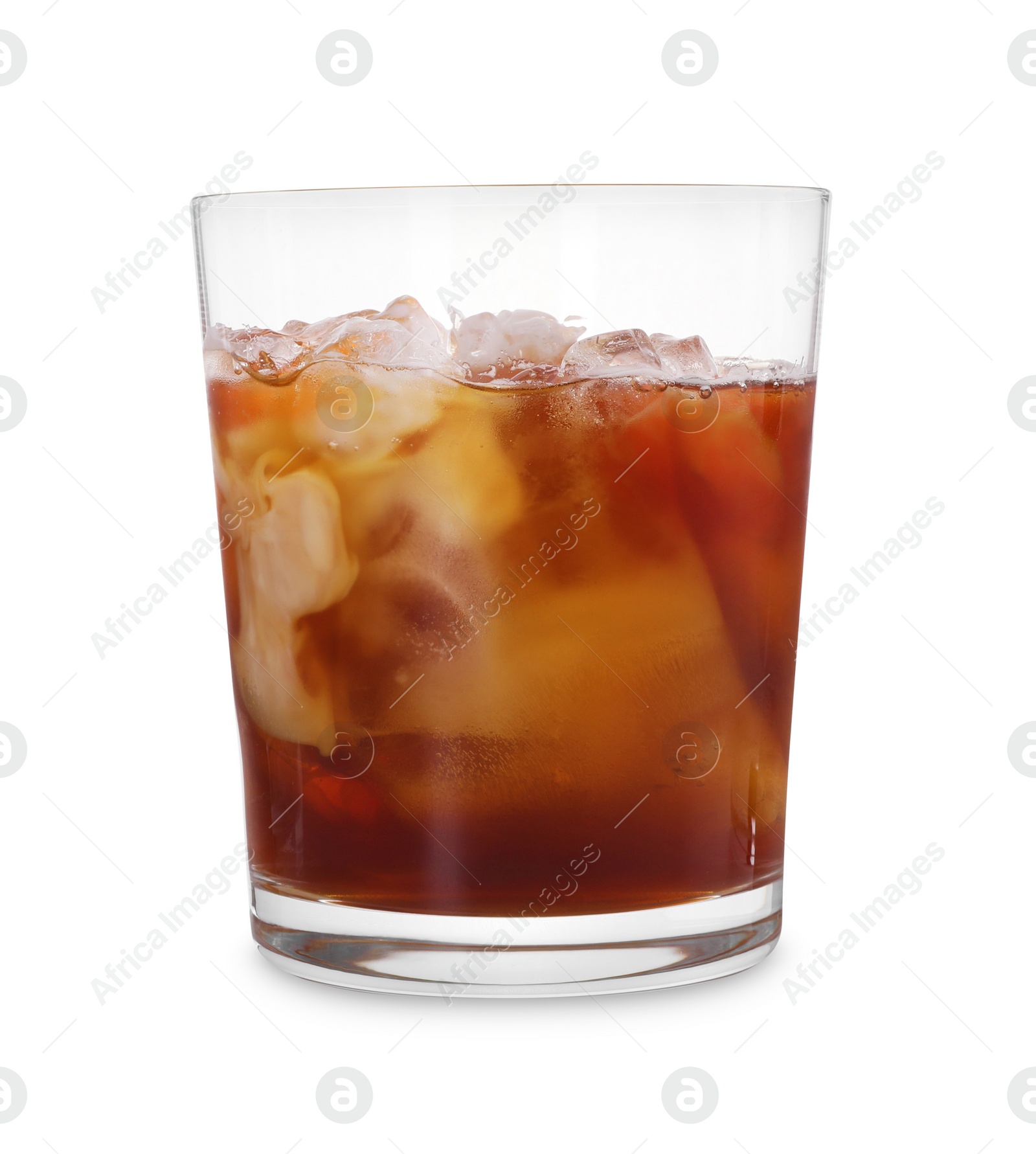 Photo of Glass of fresh iced coffee isolated on white